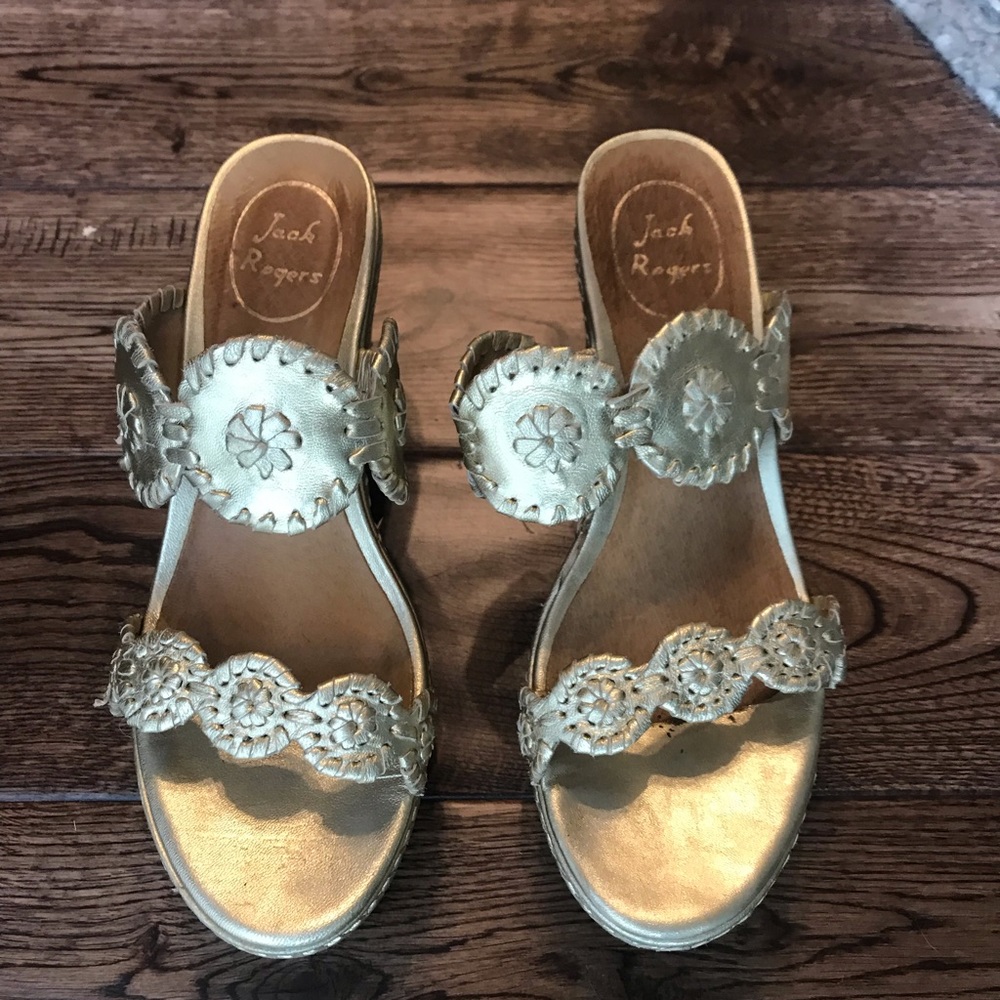 Jack Rogers gold wedges